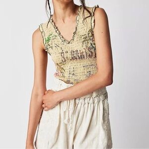 Free People Size Large St. Barts Smocked Ruffle Hem Tank Top Graphic Beach Boho